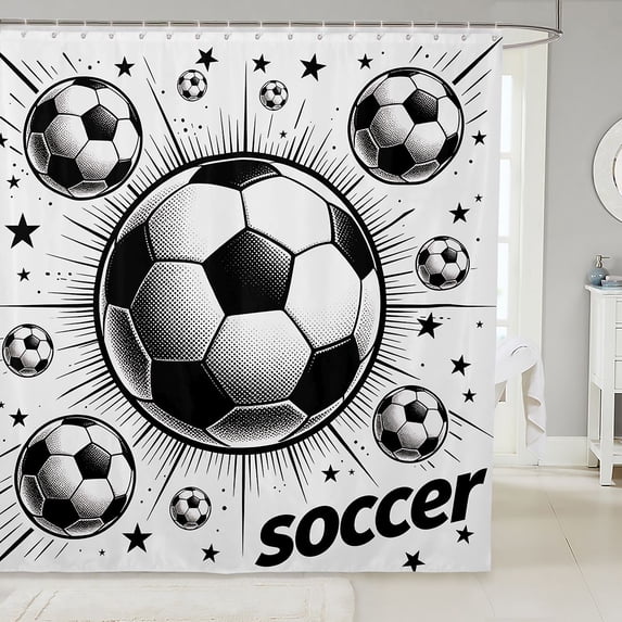 Manfei Sport Football Shower Curtain 72Wx84L, Soccer Print Bathroom Shower Curtain, Black White 07