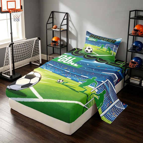 Manfei Sport Football Twin Sheets, Soccer Goal Print Bedding, Green Blue 3-Piece(1 Flat Sheet, 1 Fitted Sheet and 1 Pillowcase)