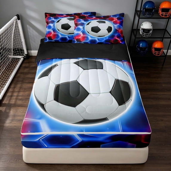 Manfei Sport Football Zipper Twin Comforter Sets with Fitted Sheet and 2 Pillowcases, Glowing Honeycomb Zipper Bedding Set, Red Blue White