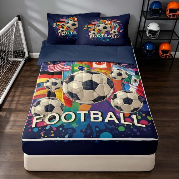 Manfei Sport Football Zipper Twin Comforter Sets with Fitted Sheet and 2 Pillowcases, National Flags Zipper Bedding Set, Navy Splash
