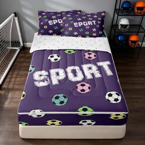Manfei Sport Football Zipper Twin Comforter Sets with Fitted Sheet and 2 Pillowcases, Soccer Zipper Bedding Set, Purple Pink Mint Yellow