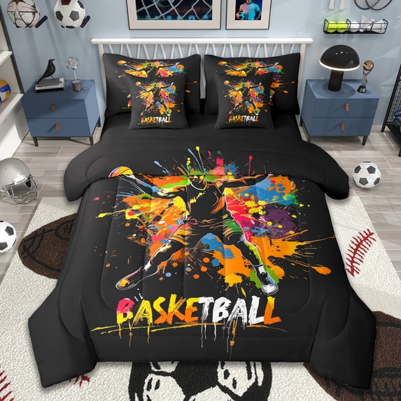 Manfei Sport Game Gaming 7 Pieces Bedding Comforter Set,Kids Basketball Full Bedding Set,Colorful Splash Ink Fitted Sheet Flat Sheet For Teens,Breathable Home Decor Reversible