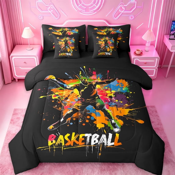Manfei Sport Game Gaming 7 Pieces Bedding Comforter Set,Kids Basketball Full Bedding Set,Colorful Splash Ink Fitted Sheet Flat Sheet For Teens,Breathable Home Decor Reversible
