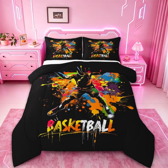 Manfei Sport Game Gaming Full Size Comforter Sets,Kids Basketball Bedding Comforter Set,Colorful Splash Ink Bedding Sets For Teens,Breathable Home Decor Reversible,3-Piece