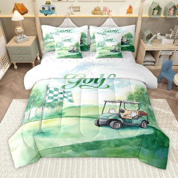 Manfei Sport Golf 7 Pieces Bedding Comforter Set for Teens Boys Girls,Green Car Full Bedding Set Lightweight,Geometric Plaid Flag Fitted Sheet Flat Sheet,Microfiber Bedroom Decor,Reversible