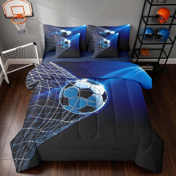 Manfei Sport King Bedding, Soccer King Bed in a Bag, Dark Blue Cyan, Navy Reversible 7-Piece