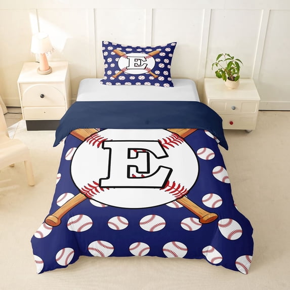 Manfei Sport Letter Monogrammed E Twin Bedding for Teens,Baseball Gamer Duvet Cover Set for Boys Girls,2pcs,No Comforter,Navy Blue Reversible,Breathable Home Decor