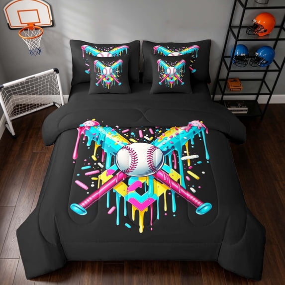 Manfei Sport Queen Bedding, Baseball Game Bedding Comforter Set Queen, HotPink Cyan Yellow Black, Black Reversible 7-Piece