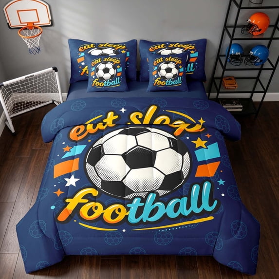 Manfei Sport Queen Bedding, Eat Sleep Football Print Bedding Comforter Set Queen, Navy Orange Cyan, Navy Reversible 7 Pieces