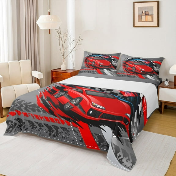 Manfei Sport Race Sheet Set Queen, Red Automobile Bed Sheets Set Queen Size, Teenager Boys Girls Queen Sheet Sets, Super Cozy Room Decorative, 4 Pieces