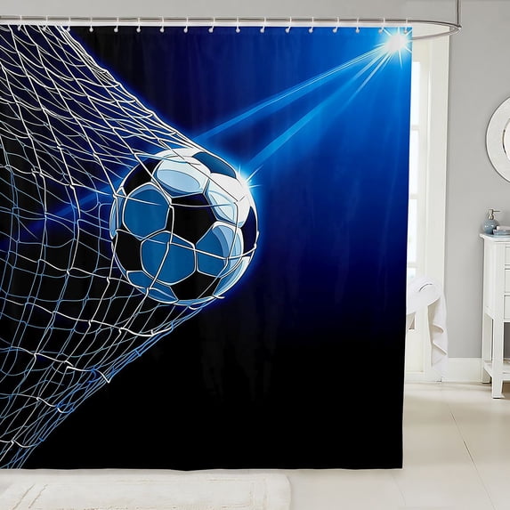 Manfei Sport Shower Curtain 72Wx84L, Soccer Bathroom Shower Curtain, Dark Blue Cyan