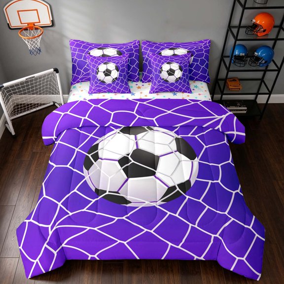 Manfei Sport Soccer Twin Bedding, Bedding Comforter Set, Deep Purple White, Stars Reversible 7 Pieces