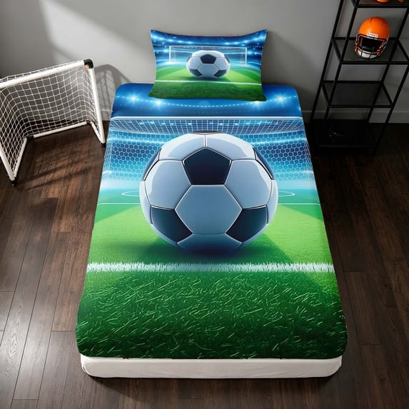 Manfei Sport Soccer Twin Fitted Sheet, Football Field Bedding, Green NavyWhite 2-Piece, 1 Fitted Sheet and 1 Pillowcase