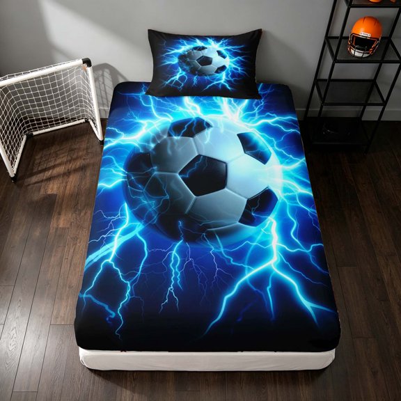 Manfei Sport Soccer Twin Fitted Sheet, Lightning Bedding, Bright Blue Lightning 2pcs, 1 Fitted Sheet and 1 Pillowcase