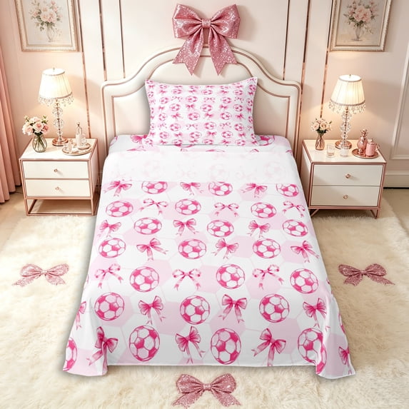 Manfei Sport Soccer Twin Sheet Sets 3pcs for Kids Boys Girls,Kawaii Ribbon Bow Bedding for Teens,Super Cozy Room Decor