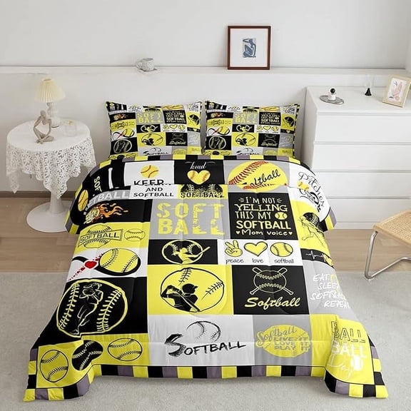Manfei Sport Softball 3Pcs King Size Comforter Sets for Kids Teens Adults,Yellow And Black Grid Bedding Comforter Set,Sports Baseball Super Cozy Bedding Set