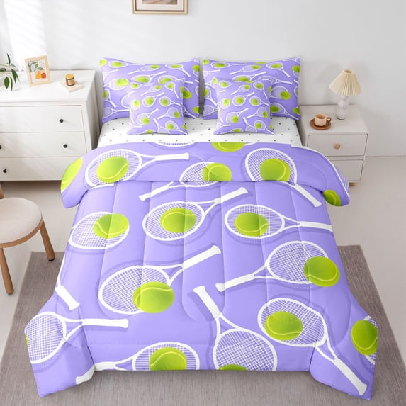 Manfei Sport Themd Queen Bedding,Ball Games Bedding Comforter Set Queen For Girls,Purple Mixed Shade,Reversible,7pcs