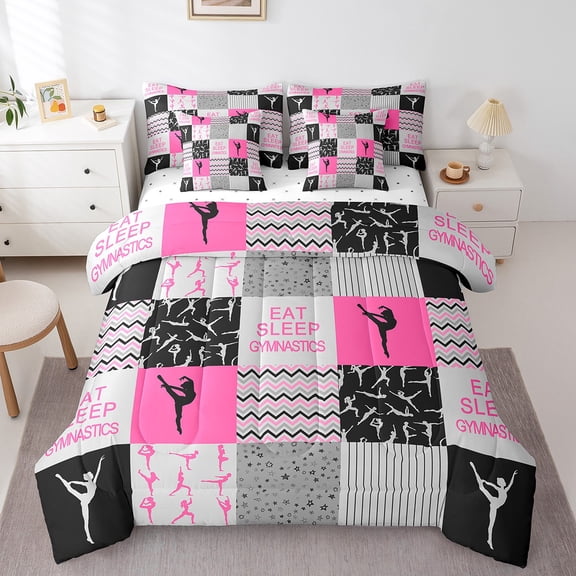Manfei Sport Theme Bedding Comforter Set 7pcs,Gymnastics Game King Bedding Sets,Pink Geometric Wave Lines Bed Sheets For Girls,Breathable Room Decorative Reversible