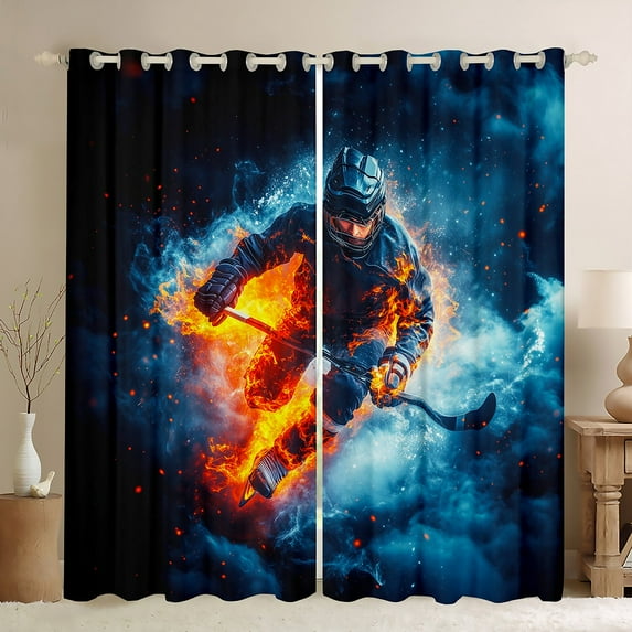 Manfei Sport Theme Black Out Curtains,Ice Hockey Lover Curtains Pack of 2 (42x63 Each),Orange Blue Bedroom Curtains For Boys Kids,Luxury Bedroom Decor