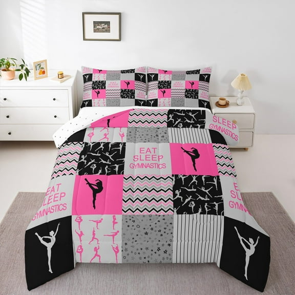Manfei Sport Theme Full Size Comforter Sets,Gymnastics Game Bedding Comforter Set,Pink Geometric Wave Lines Bedding Sets For Girls,Breathable Room Decorative Reversible,3-Piece