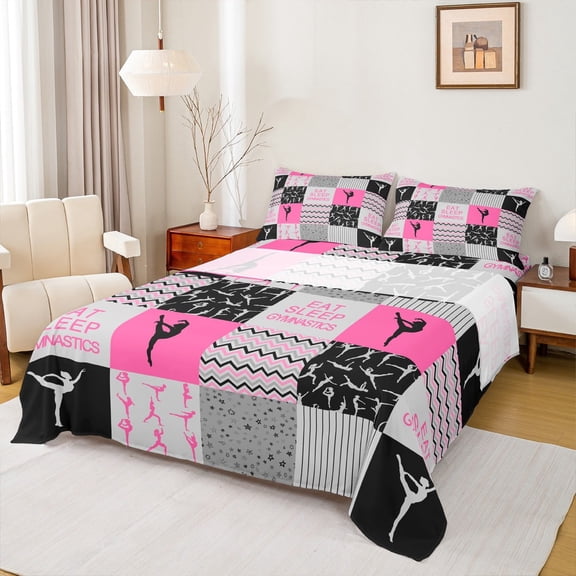 Manfei Sport Theme Twin Sheet Sets,Gymnastics Game Twin Fitted Sheet,Pink Geometric Wave Lines Flat Sheet For Girls,Breathable Room Decorative,3pcs