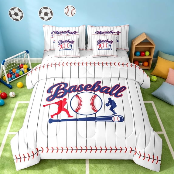 Manfei Sport Twin Bedding, Baseball Gaming Bedding Comforter Set, Red Navy White, Reversible 7pcs