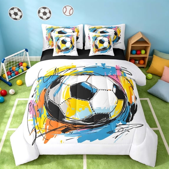 Manfei Sport Twin Bedding, Graffiti Soccer Bedding Comforter Set, White Blue Yellow, Black Reversible 7 Pieces