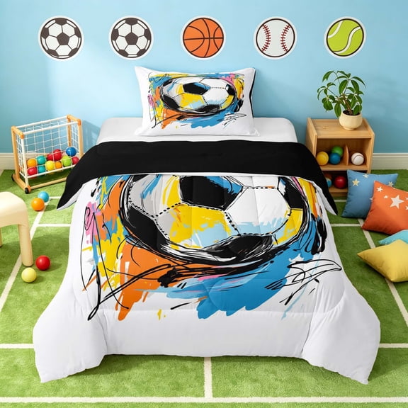 Manfei Sport Twin Comforter Sets, Graffiti Soccer Bedding Set, White Blue Yellow, Black Reversible 2 Pieces 1 Comforter and 1 Pillowcase
