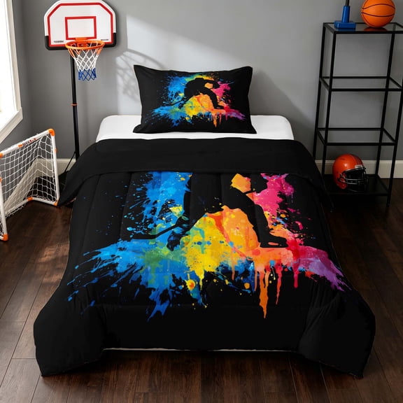 Manfei Sport Twin Comforter Sets, Watercolor Graffiti Bedding Set, Black Blue Orange, Black Reversible 2 Pieces 1 Comforter and 1 Pillowcase