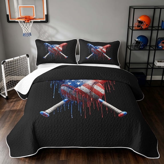 Manfei Sport Twin Quilt Set, Baseball Gamer Twin Coverlet Set, Red Blue White, Black Reversible 2pcs, 1 Bedspread and 1 Pillowcase