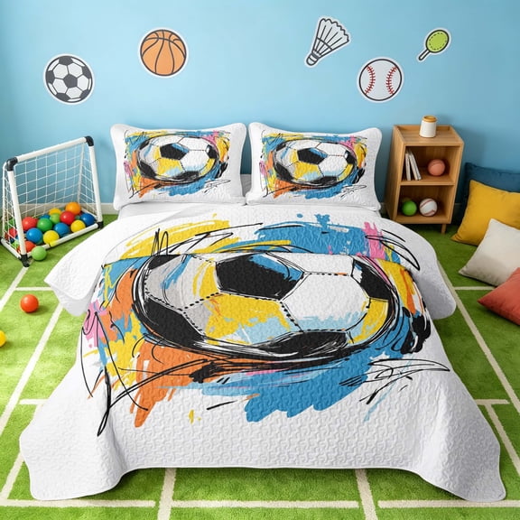 Manfei Sport Twin Quilt Set, Graffiti Soccer Twin Coverlet Set, White Blue Yellow, Black Reversible 2 Pieces, 1 Bedspread and 1 Pillowcase