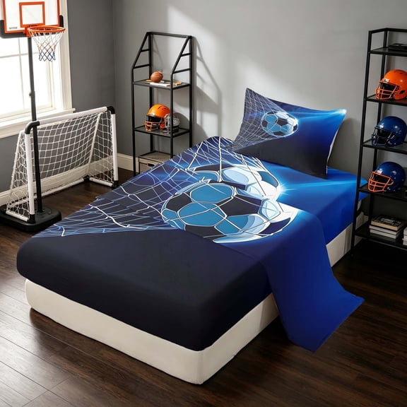 Manfei Sport Twin Sheets, Soccer Bedding, Dark Blue Cyan 3-Piece(1 Flat Sheet, 1 Fitted Sheet and 1 Pillowcase)