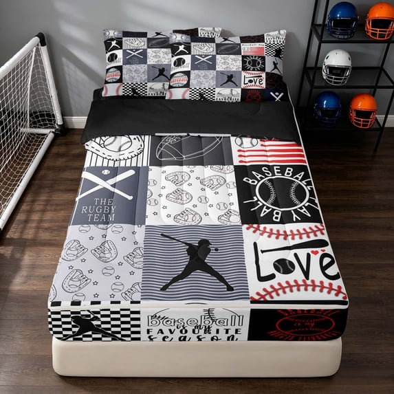 Manfei Sport Zipper Queen Comforter Set with Fitted Sheet and 2 Pillowcases, Baseball Game Zipper Bedding Set, Black Gray