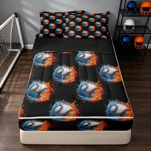 Manfei Sport Zipper Twin Comforter Sets with Fitted Sheet and 2 Pillowcases, Baseball Gamer Zipper Bedding Set, Black Orange Bright Blue