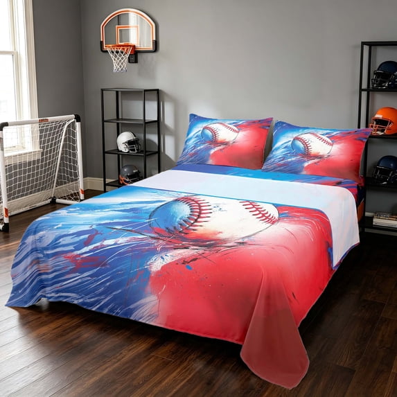 Manfei Sports Baseball Bed Sheets, Watercolor Splash Full Size Sheets, Royal Blue Red White 4pcs(1 Flat Sheet, 1 Fitted Sheet and 2 Pillowcases)