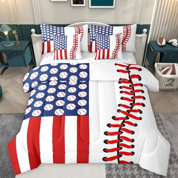 Manfei Sports Baseball Print Bedding Comforter Set 7pcs, Cartoon American Flag King Bedding Sets, White Red Stripes Lines Reversible Bed Sheets, Luxury Bedroom Decor