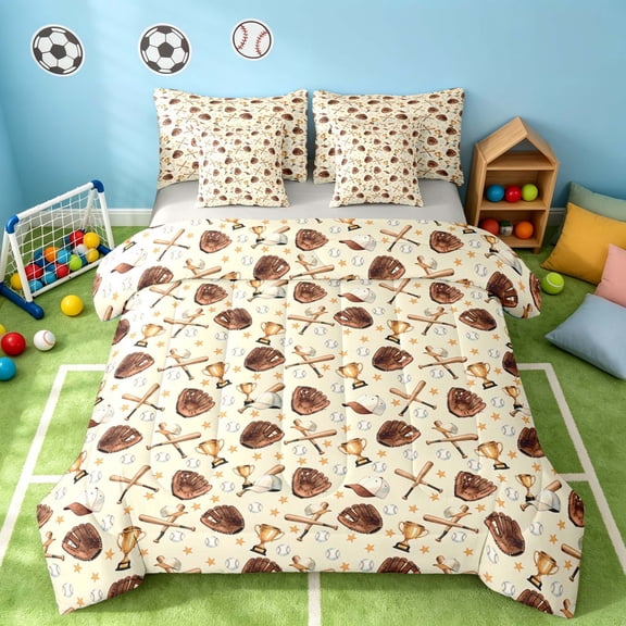Manfei Sports Baseball Twin Bedding, Bedding Comforter Set, Beige Brown Gold, Gray Reversible 7 Pieces