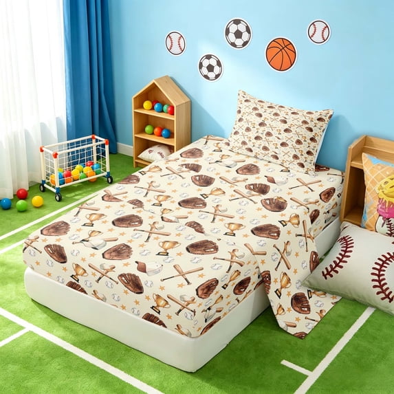 Manfei Sports Baseball Twin Sheets, Bedding, Beige Brown Gold 3 Pieces(1 Flat Sheet, 1 Fitted Sheet and 1 Pillowcase)