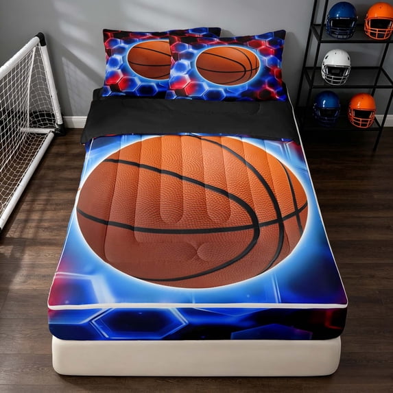 Manfei Sports Basketball Zipper Queen Comforter Set with Fitted Sheet and 2 Pillowcases, Glowing Honeycomb Zipper Bedding Set, Red Blue Orange