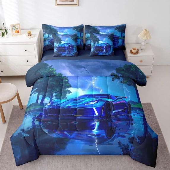 Manfei Sports Car 7-Piece Twin Bedding,Rainy Woods Bedding Comforter Set,Blue,Navy Blue Reversible