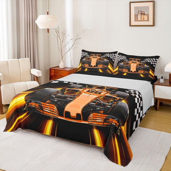 Manfei Sports Car Bed Sheets,Checkered Print Full Size Sheets,Orange,4 Pieces,1 Flat Sheet, 1 Fitted Sheet and 2 Pillowcases