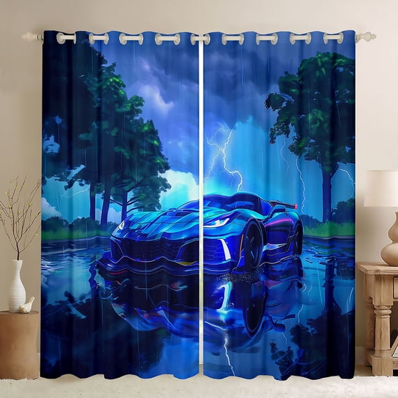 Manfei Sports Car Blackout Curtains Set of 2 (52x84 Each),Rainy Woods Curtain,Blue