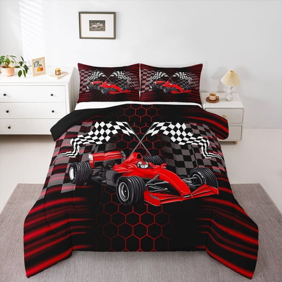 Manfei Sports Car Queen Comforter Set,Checkered Flag Comforter Sets Queen,Red,Black Reversible,3-Piece,1 Comforter and 2 Pillowcases