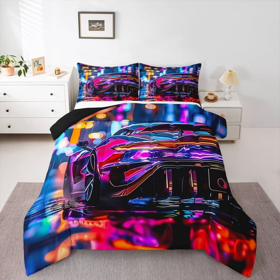 Manfei Sports Car Queen Comforter Set,Extreme Sport Comforter Sets Queen,Pink,Black Reversible,3pcs,1 Comforter and 2 Pillowcases