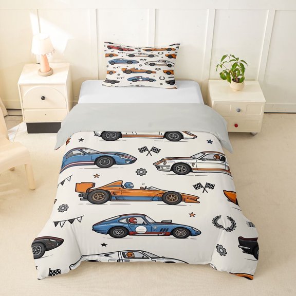 Manfei Sports Car Twin Duvet Cover,Checkerboard Flag Twin Bedding,Blue,Light Gray Reversible,2-Piece,1 Duvet Cover and 1 Pillowcase