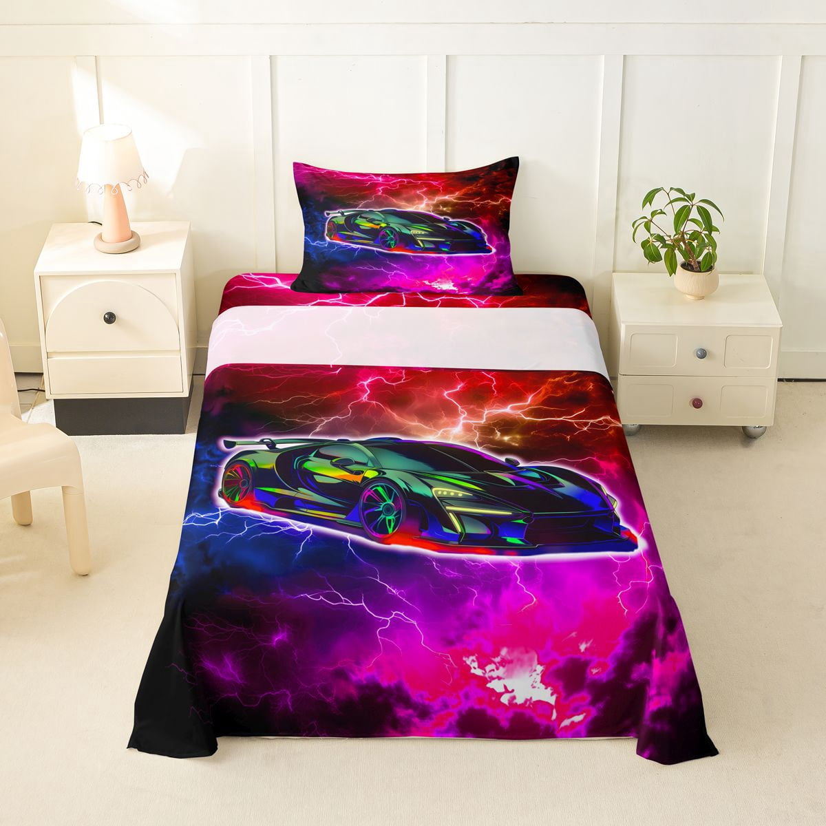 Manfei Sports Car Twin Sheets,Multicolor Lightning Bedding,3pcs,1 Fitted Sheet and 1 Pillowcase