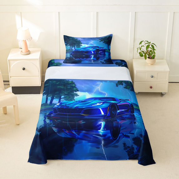 Manfei Sports Car Twin Sheets,Rainy Woods Bedding,Blue,3 Pieces,1 Fitted Sheet and 1 Pillowcase