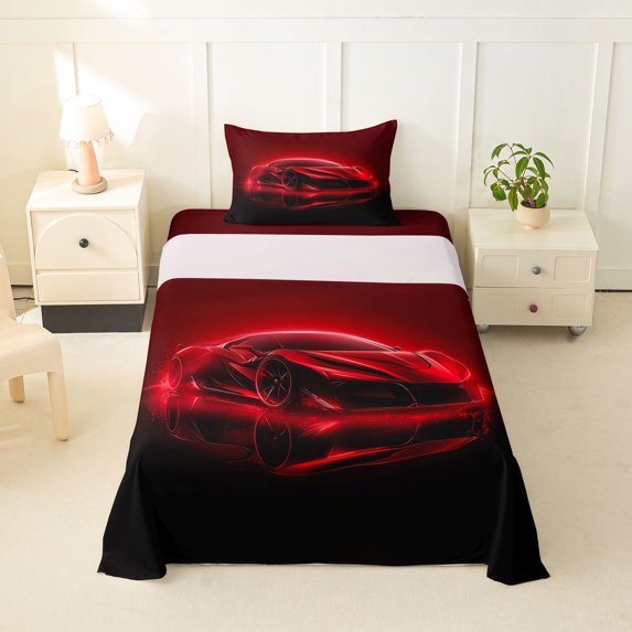 Manfei Sports Car Twin Sheets,Red Neon Light Print Bedding,3pcs,1 Fitted Sheet and 1 Pillowcase