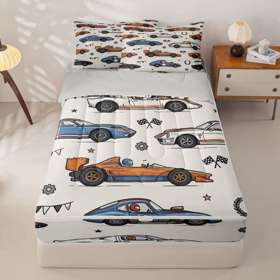 Manfei Sports Car Zipper Twin Comforter Sets with Fitted Sheet and 2 Pillowcases,Checkerboard Flag Zipper Bedding Set,Blue,Light Gray Reversible,4pcs