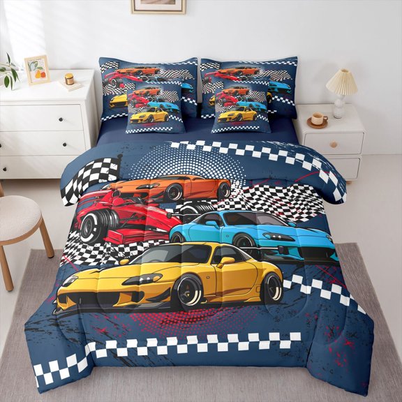 Manfei Sports Cars 7-Piece Twin Bedding,Checkered Racing Flags Bedding Comforter Set,Blue,Navy Blue Reversible